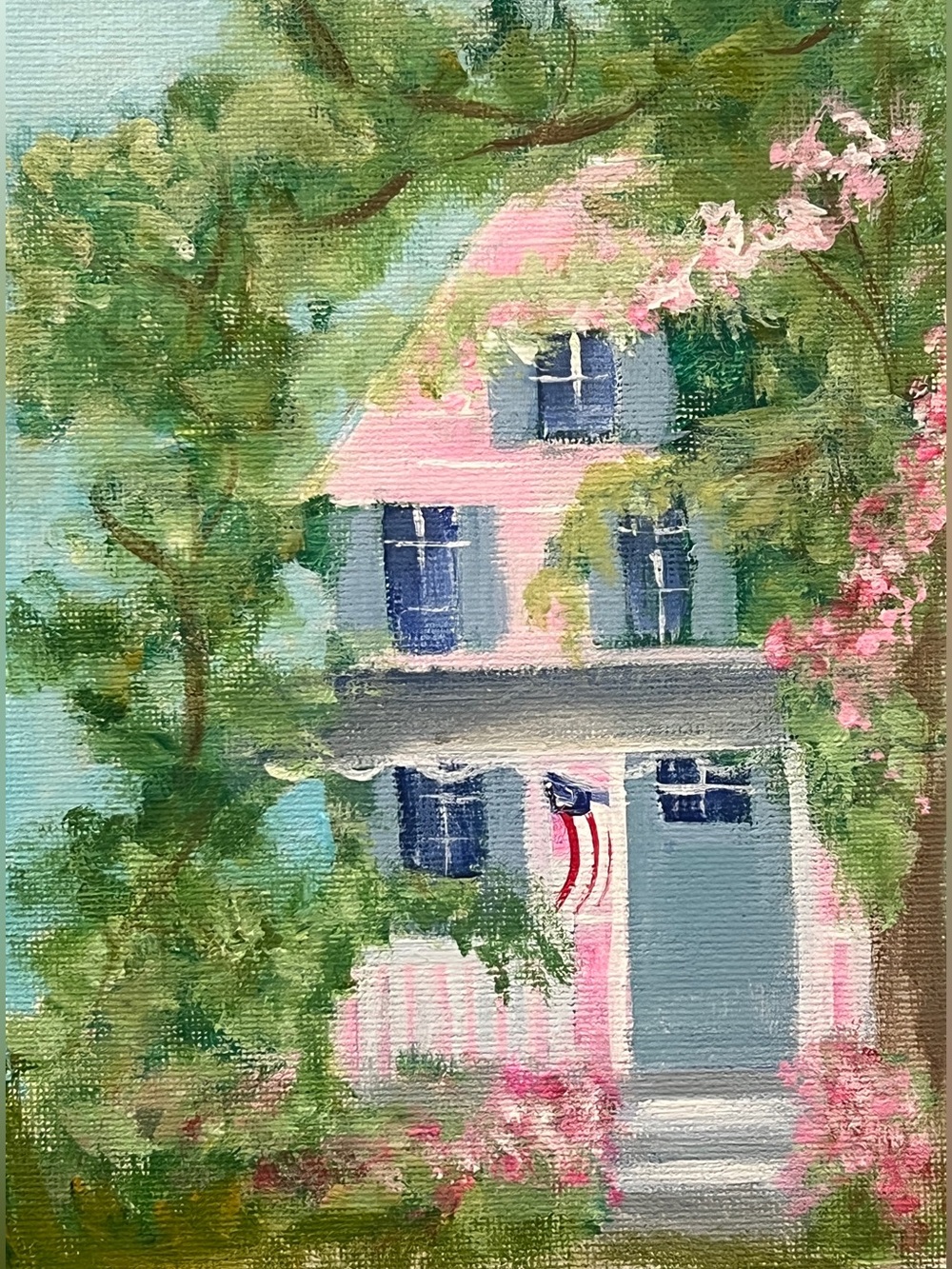 Original hand-painted romantic cottage  vintage house, pink wall, art painting